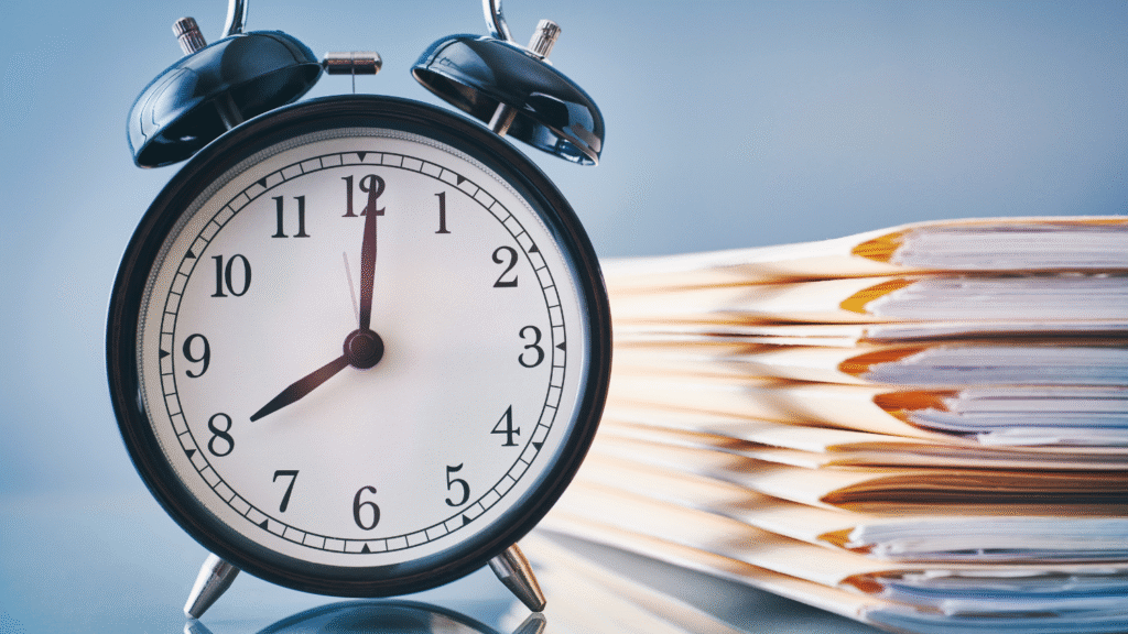 Budzik, a obok niego teczki z dokumentami i rozliczeniami, dzięki którym przedsiębiorca otrzyma ulgi podatkowe po spełnieniu kryterium godzinowego w Holandii.